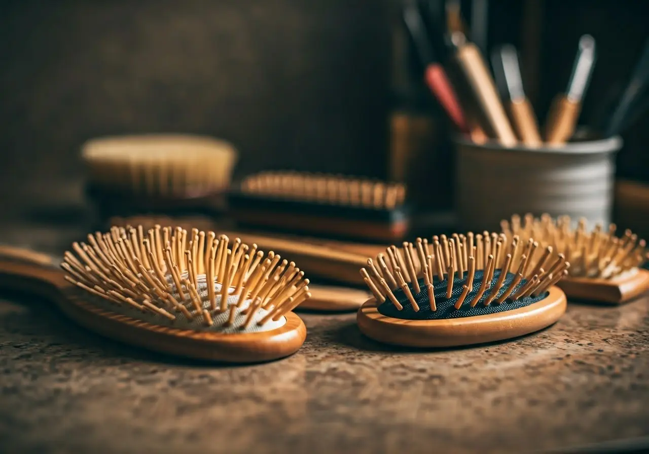 A close-up of various natural hair brushes on a countertop. 35mm stock photo