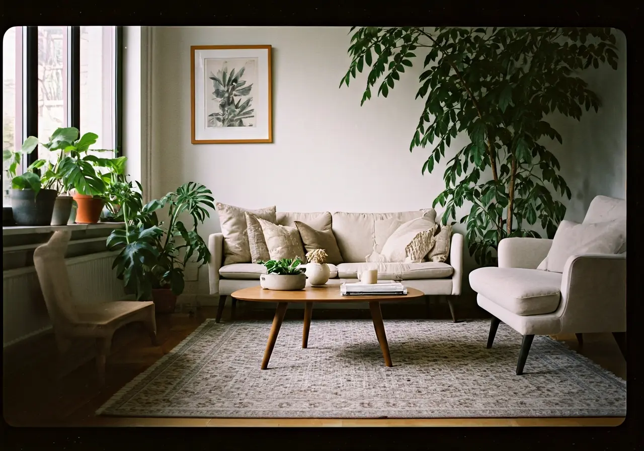 A cozy, inviting living room with neutral decor and plants. 35mm stock photo