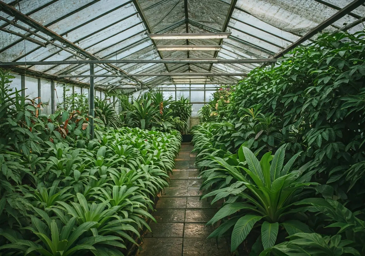 A well-lit greenhouse filled with lush green plants. 35mm stock photo