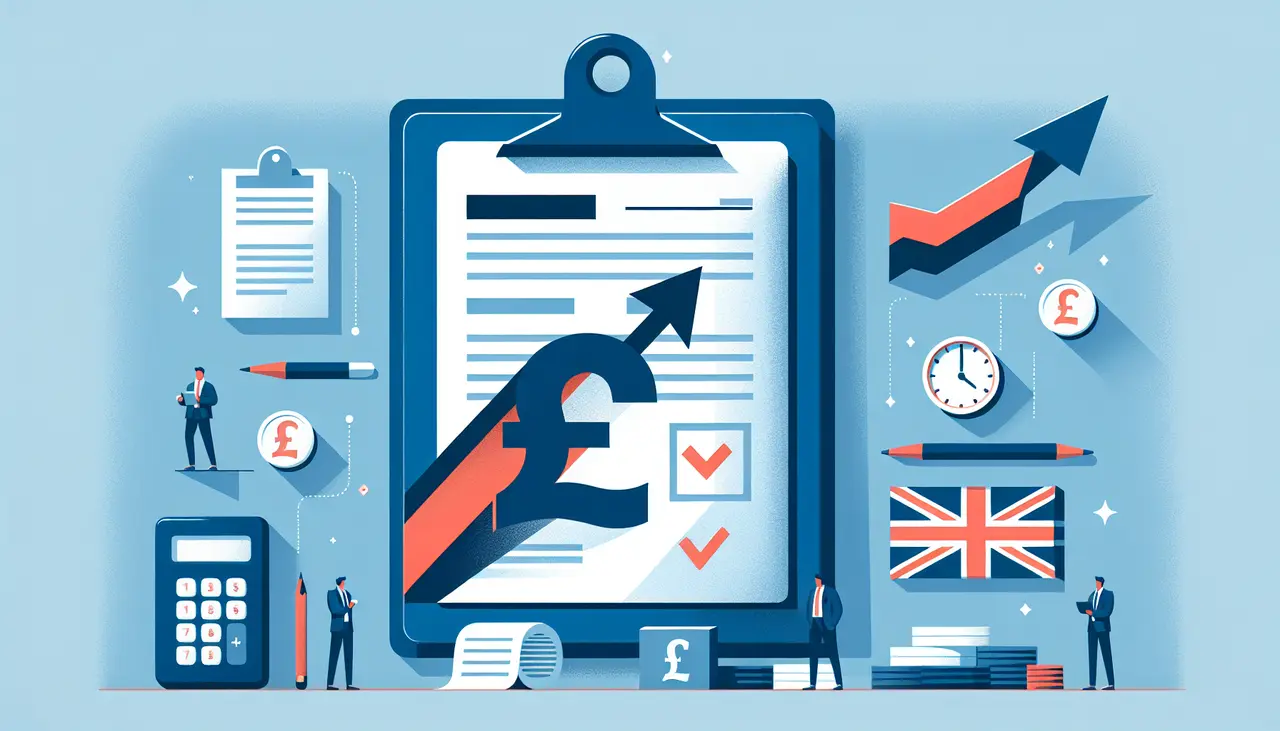 Draw a graphic in flat design style. A clean, flat design illustration of a clipboard with an invoice, a pound symbol, and an upward arrow, symbolizing accounts receivable and their importance for UK businesses.