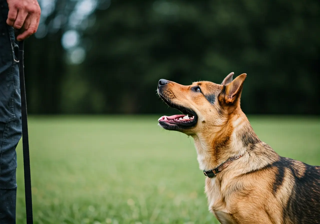 A happy dog learning commands from its owner outdoors. 35mm stock photo