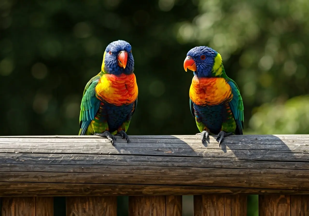 Colorful parrots perched on a wooden fence in sunlight. 35mm stock photo