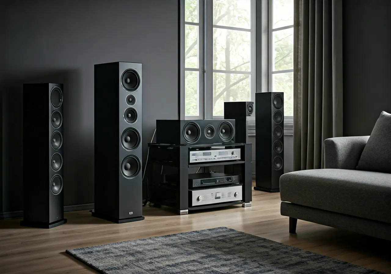 Modern living room with wireless speakers and multi-zone audio setup. 35mm stock photo