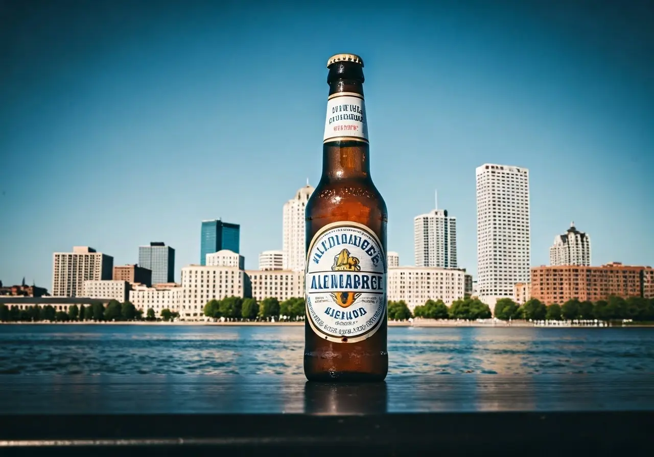 A refreshing alcohol-free beer bottle on a Milwaukee skyline backdrop. 35mm stock photo