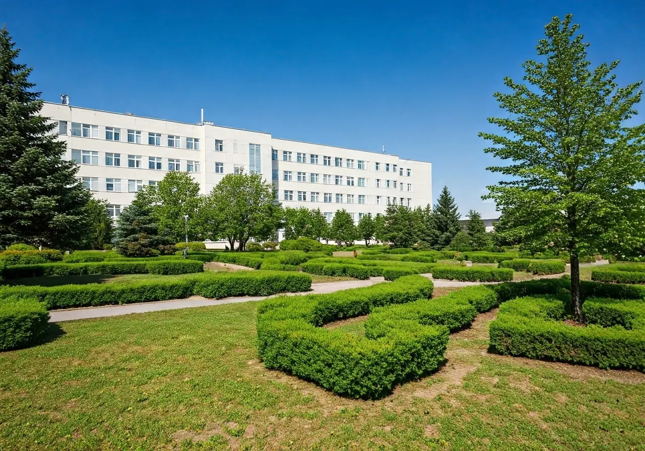 A serene hospital exterior surrounded by green gardens. 35mm stock photo