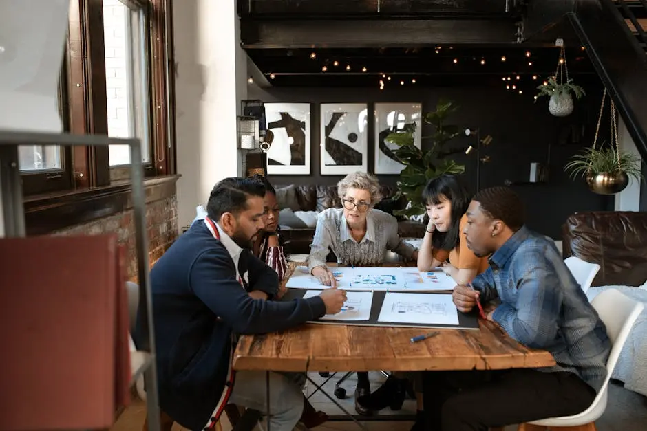 A diverse group of small business consulting professionals brainstorming at a modern office table.