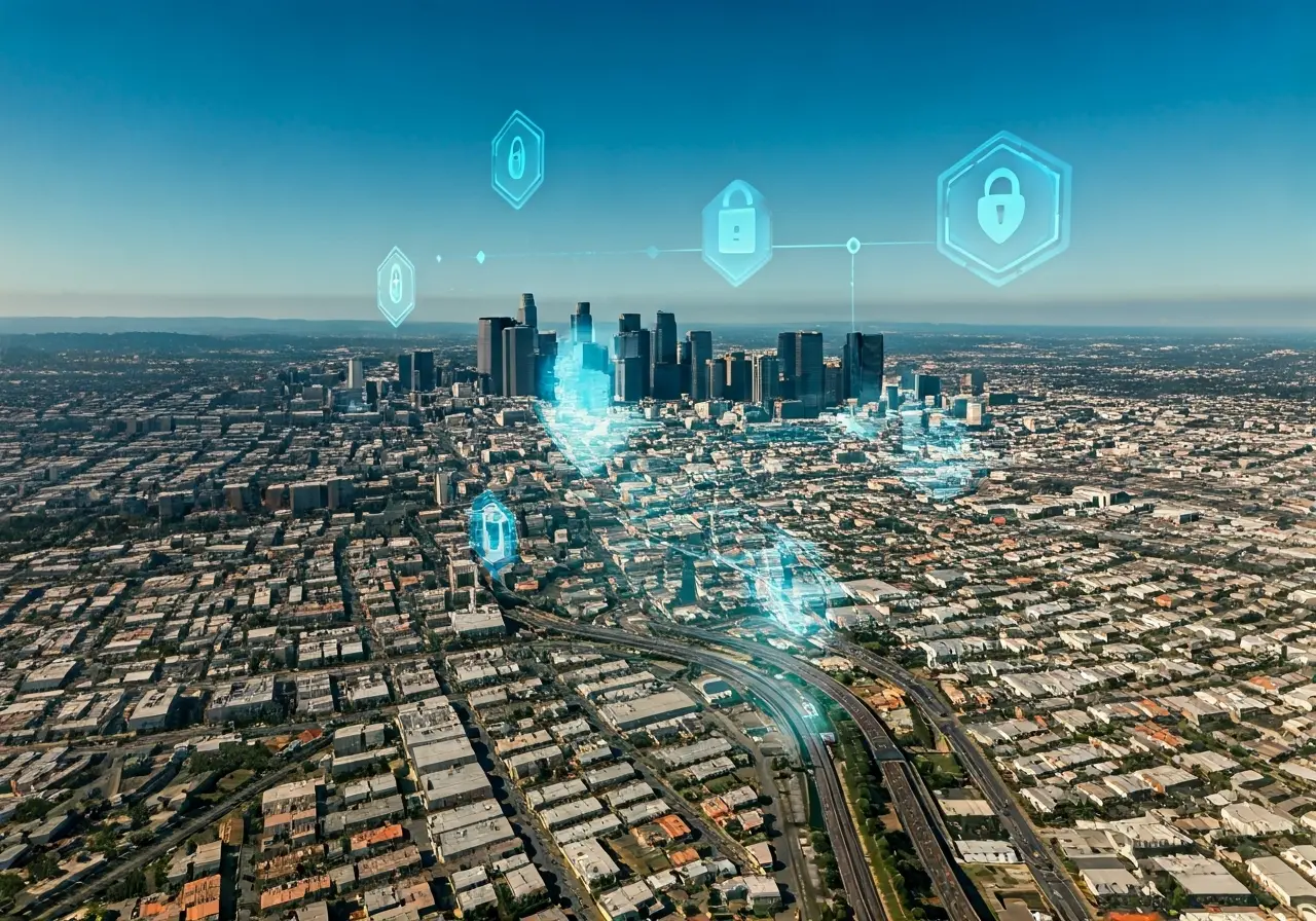 Aerial view of Los Angeles with security symbols overlay. 35mm stock photo