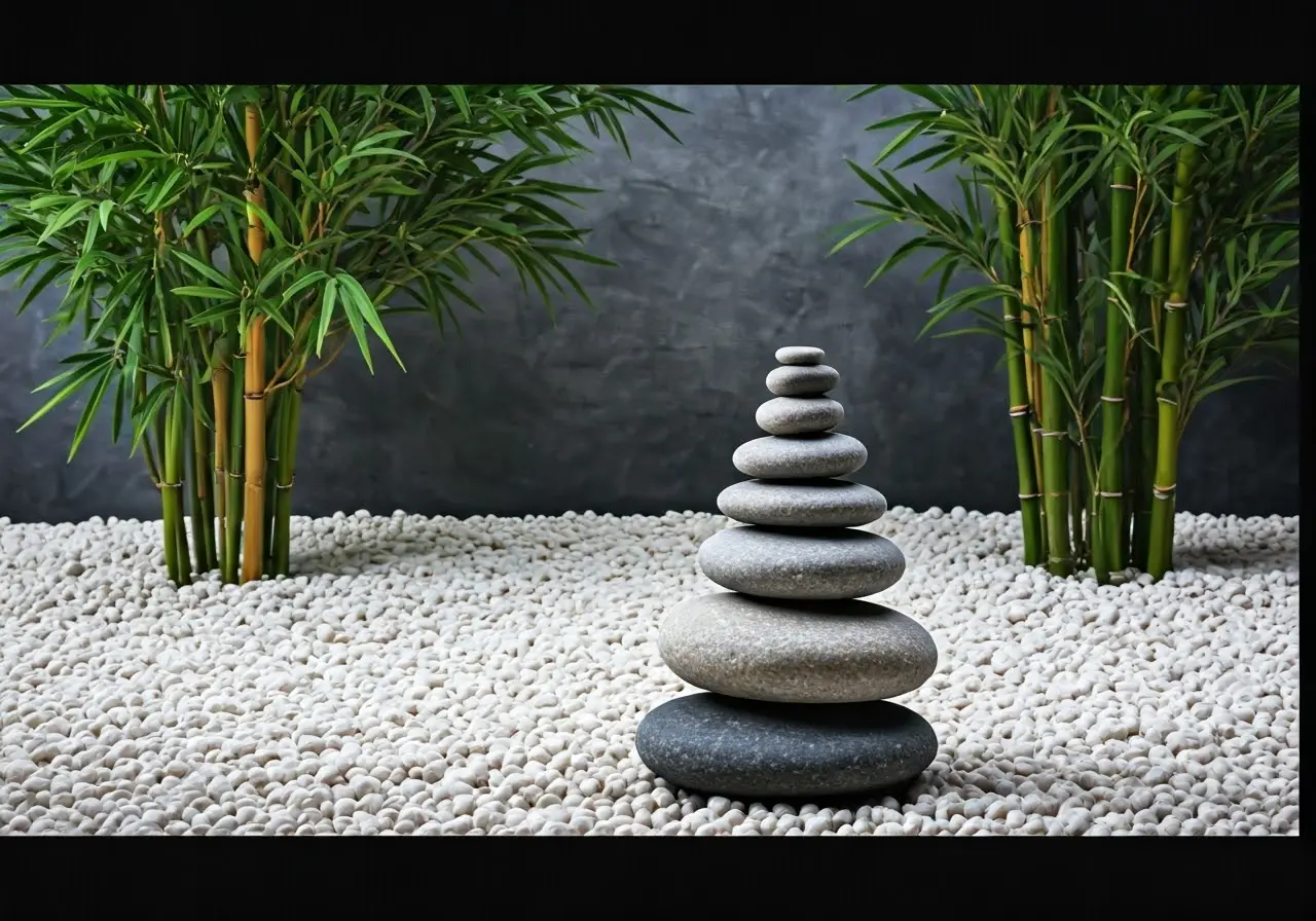 A serene zen garden with balanced stones and bamboo. 35mm stock photo