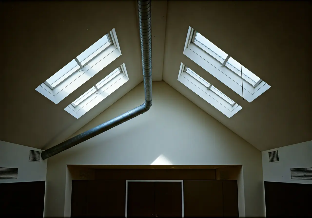 A spacious vaulted ceiling with skylights and ventilation ducts. 35mm stock photo
