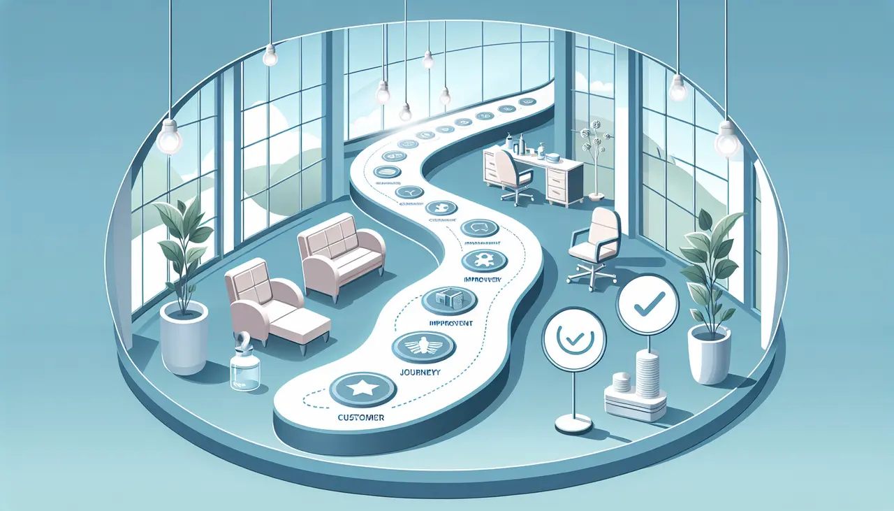 Draw a graphic in flat design style. A sleek, flat design of a medspa interior with a clear, curving path showing customer journey improvements, accented with icons for each strategy.