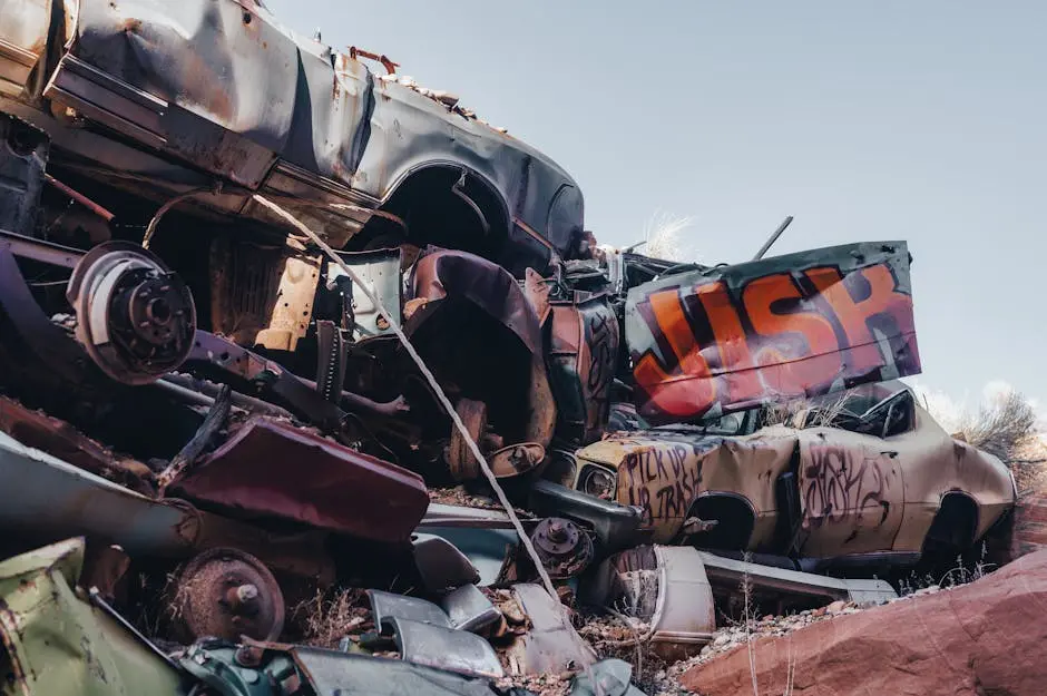 A pile of old, rusty cars stacked haphazardly in an outdoor junkyard.