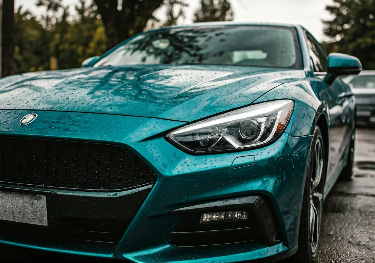 A shining car with water droplets highlighting a ceramic coating. 35mm stock photo