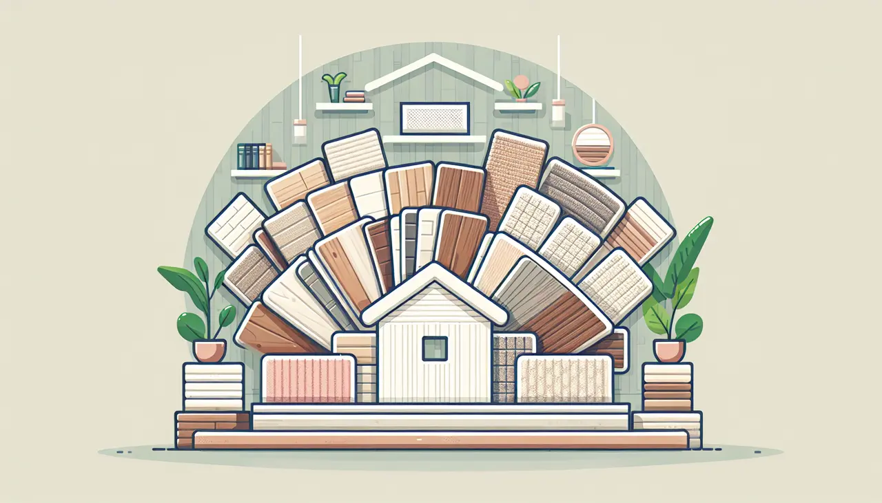 Draw a graphic in flat design style. An illustration of various flooring samples such as wood, tile, and carpet, arranged neatly in a fan shape with a home icon in the background.