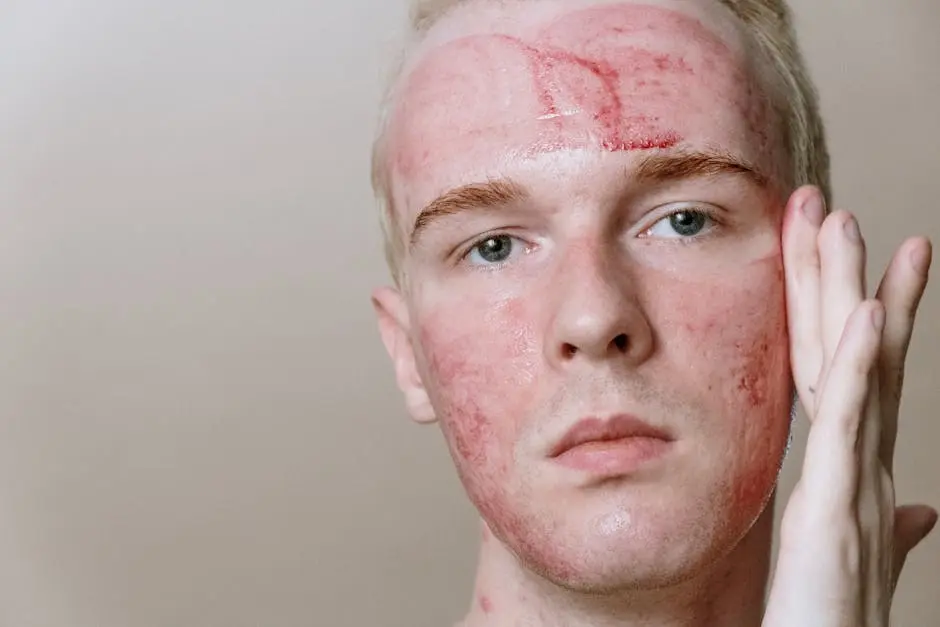 Close-up of a man with red skincare treatment mask, emphasizing healthy skin and self-care.
