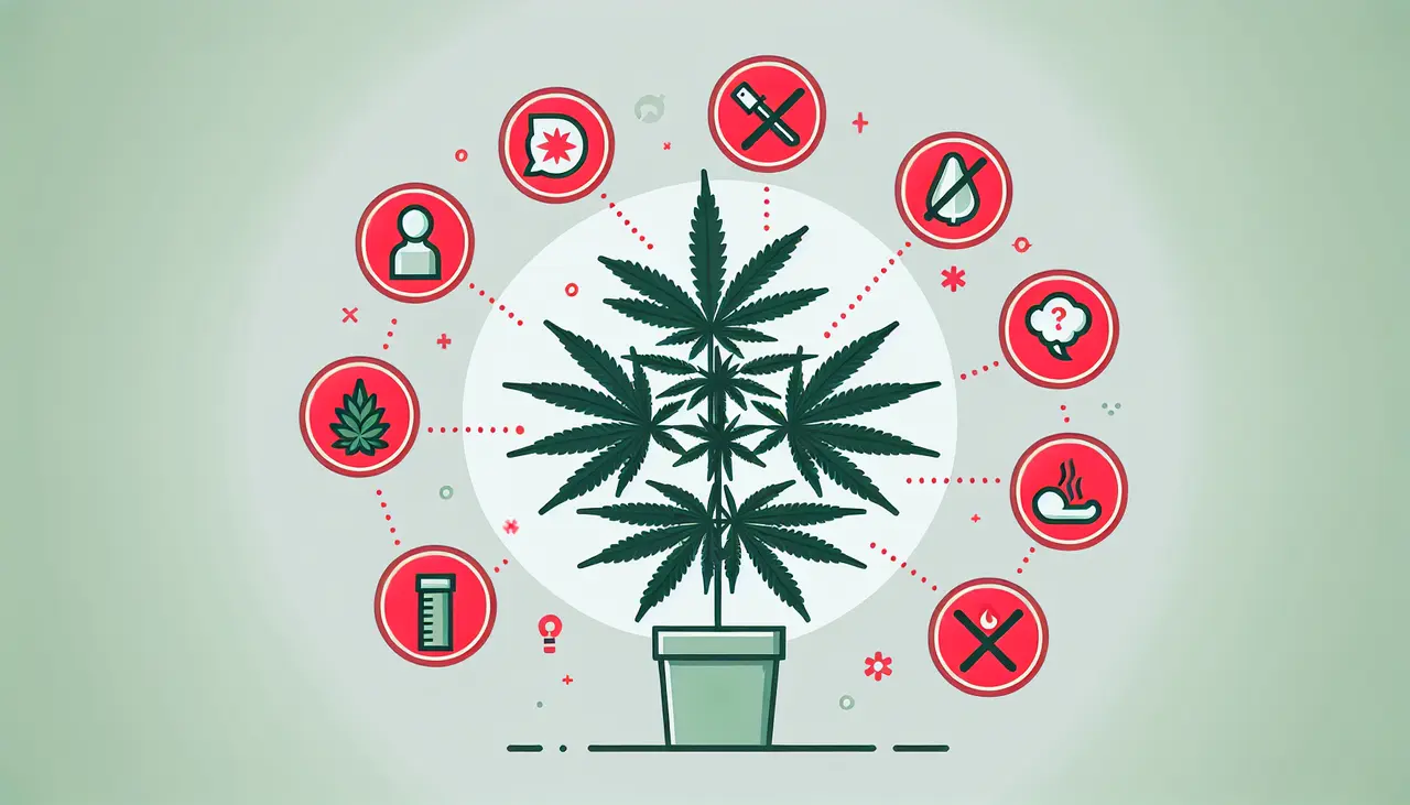 Draw a graphic in flat design style. A minimalist illustration of a cannabis plant with red warning signs highlighting common cultivation errors, set against a clean, light background.