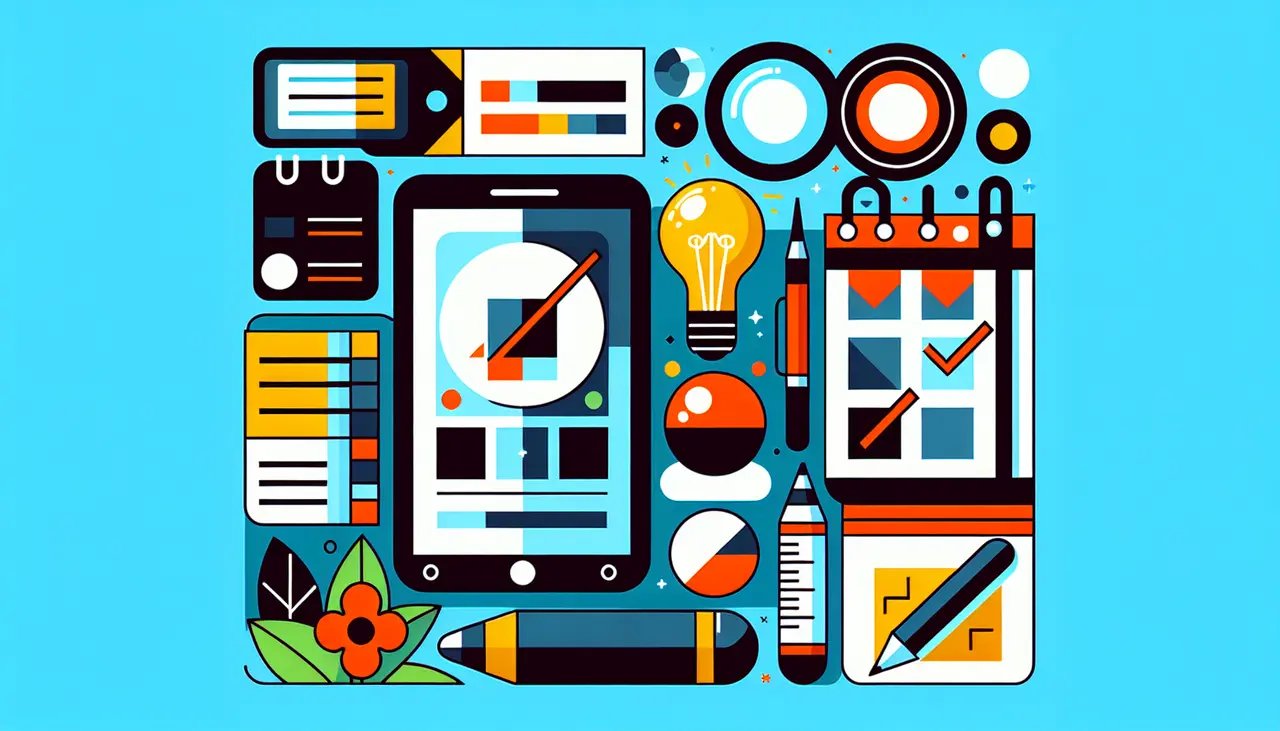 Draw a graphic in flat design style. A checklist with a smartphone, a calendar, a light bulb, and a magnifying glass symbolizing planning and research before hiring a mobile app developer, in flat design style.