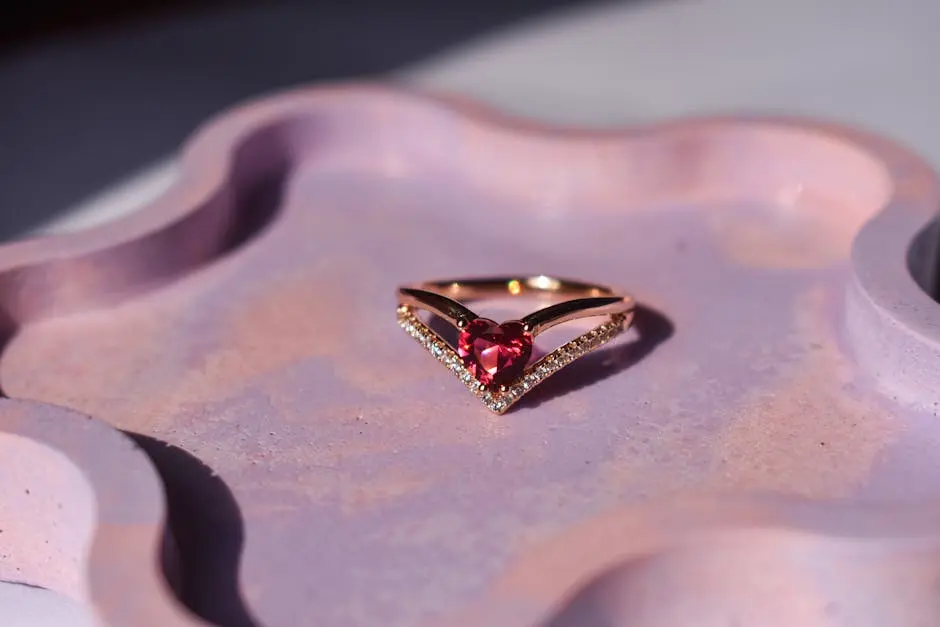 Close-up of a heart-shaped gemstone ring on a pink decorative tray.