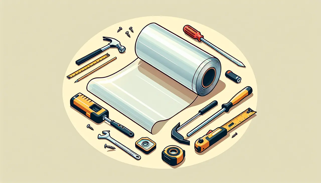 Draw a graphic in flat design style. A roll of clear visqueen plastic sheeting unrolled beside construction tools on a simple, flat background.