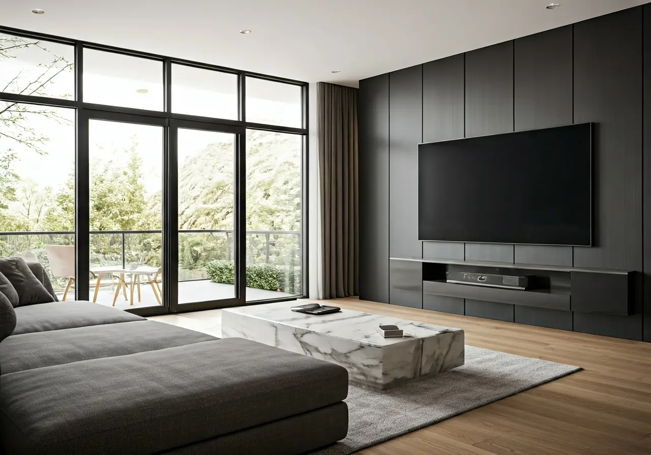 A modern smart home living room with integrated AV technology. 35mm stock photo