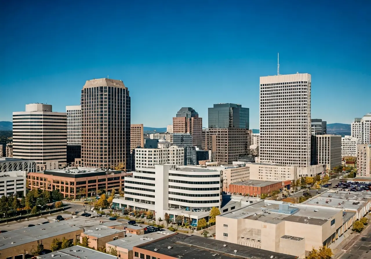 Aerial view of Spokane’s cityscape highlighting modern office buildings. 35mm stock photo