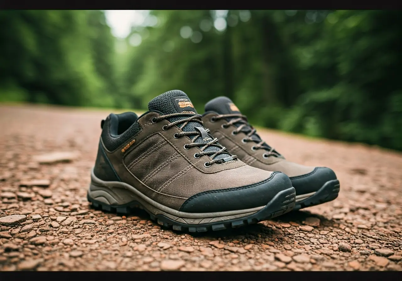 A pair of Bearfoot shoes on a rocky hiking trail. 35mm stock photo