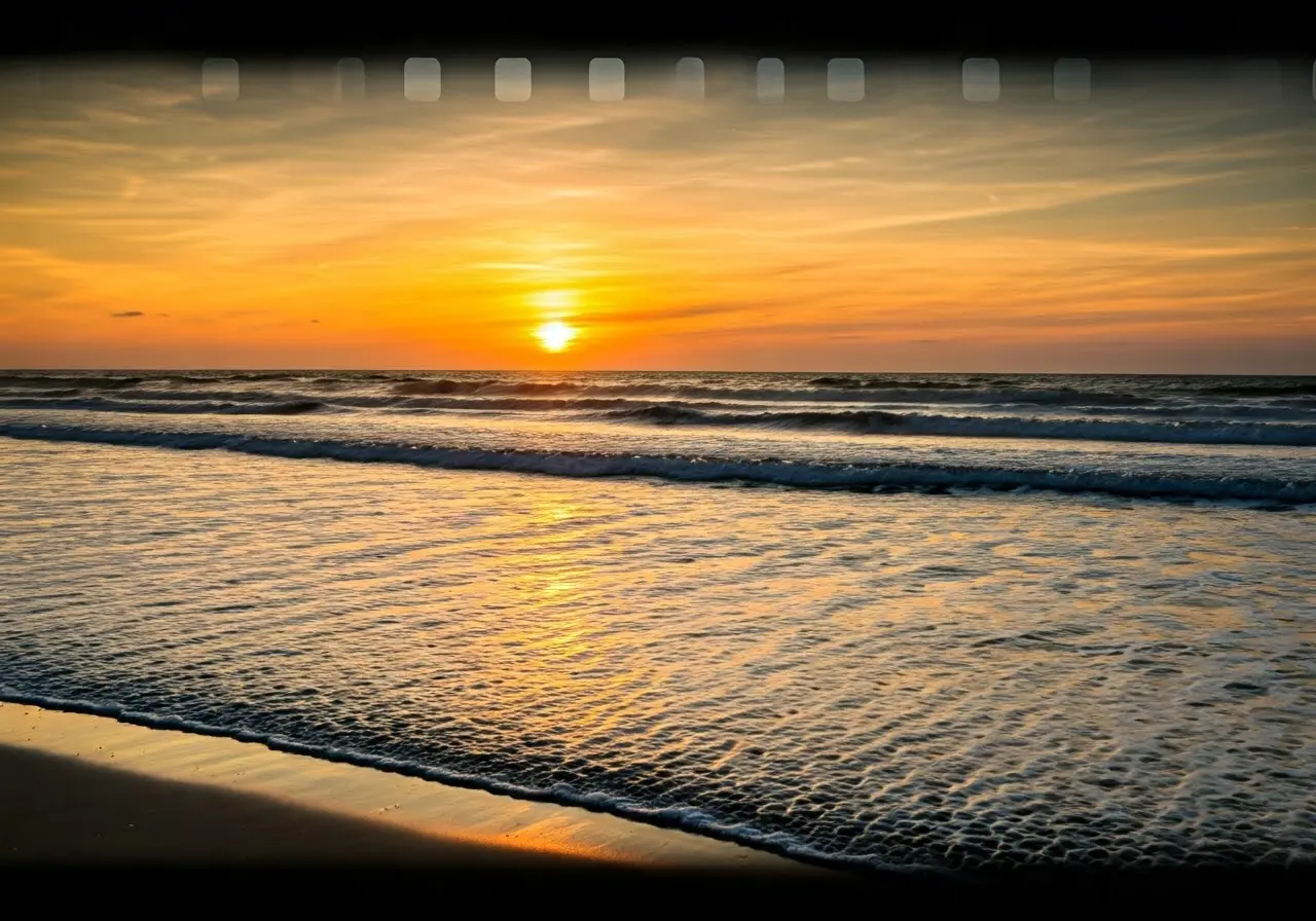 A serene beach scene with gentle waves and a sunset. 35mm stock photo