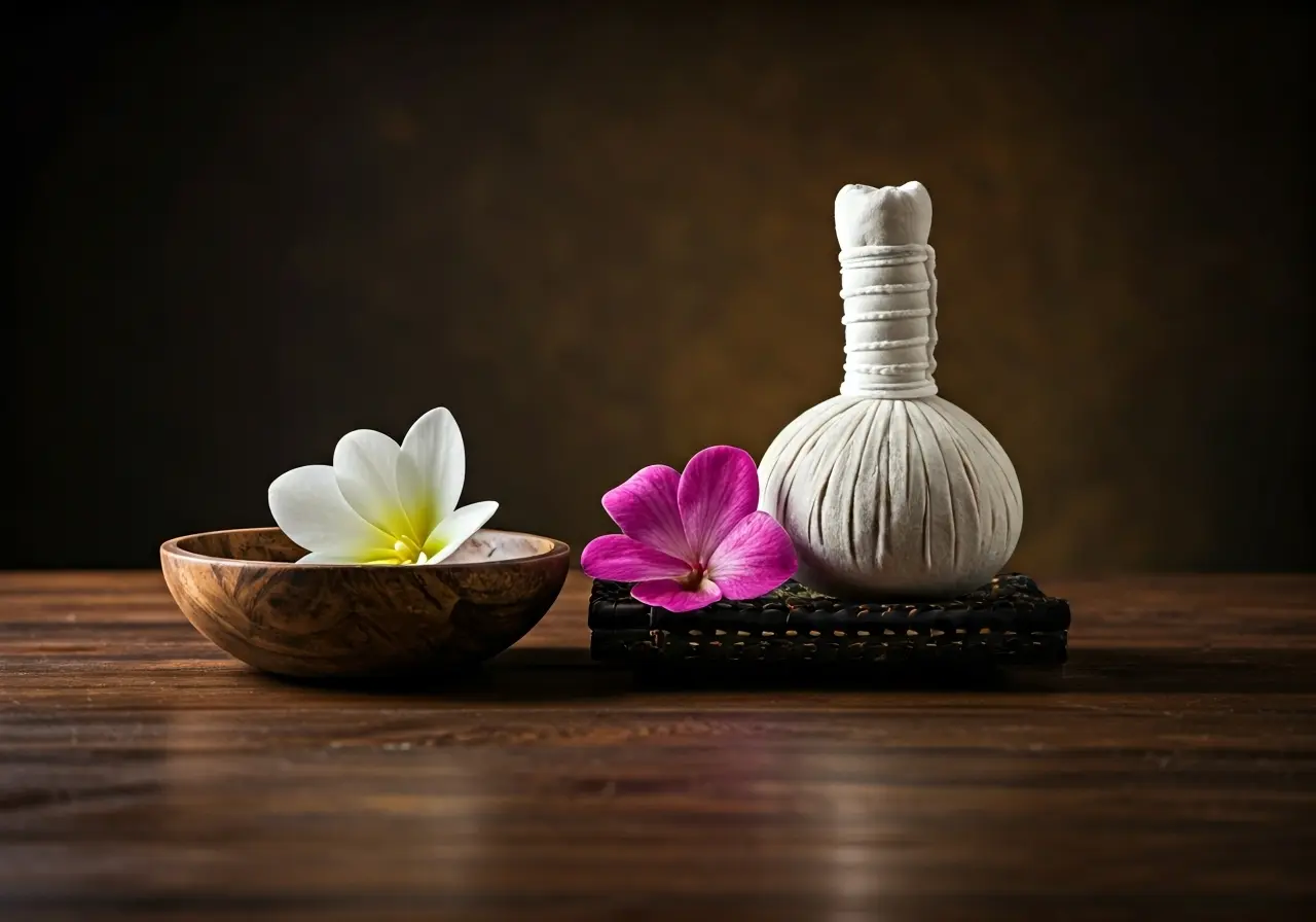 A serene spa setting with Balinese massage tools displayed. 35mm stock photo