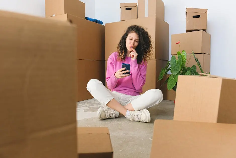 Full body of positive thoughtful young female millennial in casual outfit touching lips and using smartphone while sitting on floor with crossed legs near carton boxes after relocation