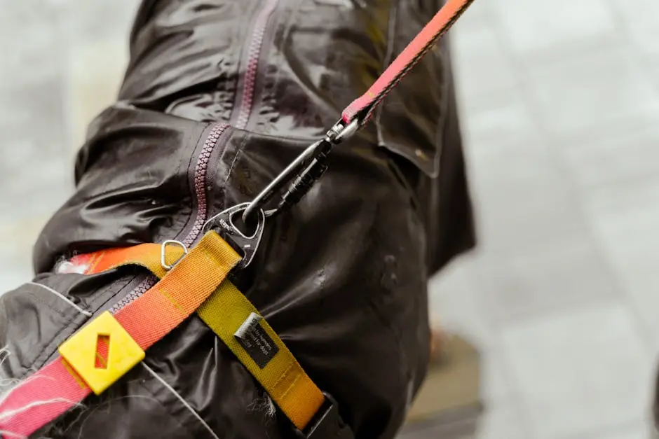 A detailed close-up of a dog in a raincoat with a secure leash and harness on a wet day.