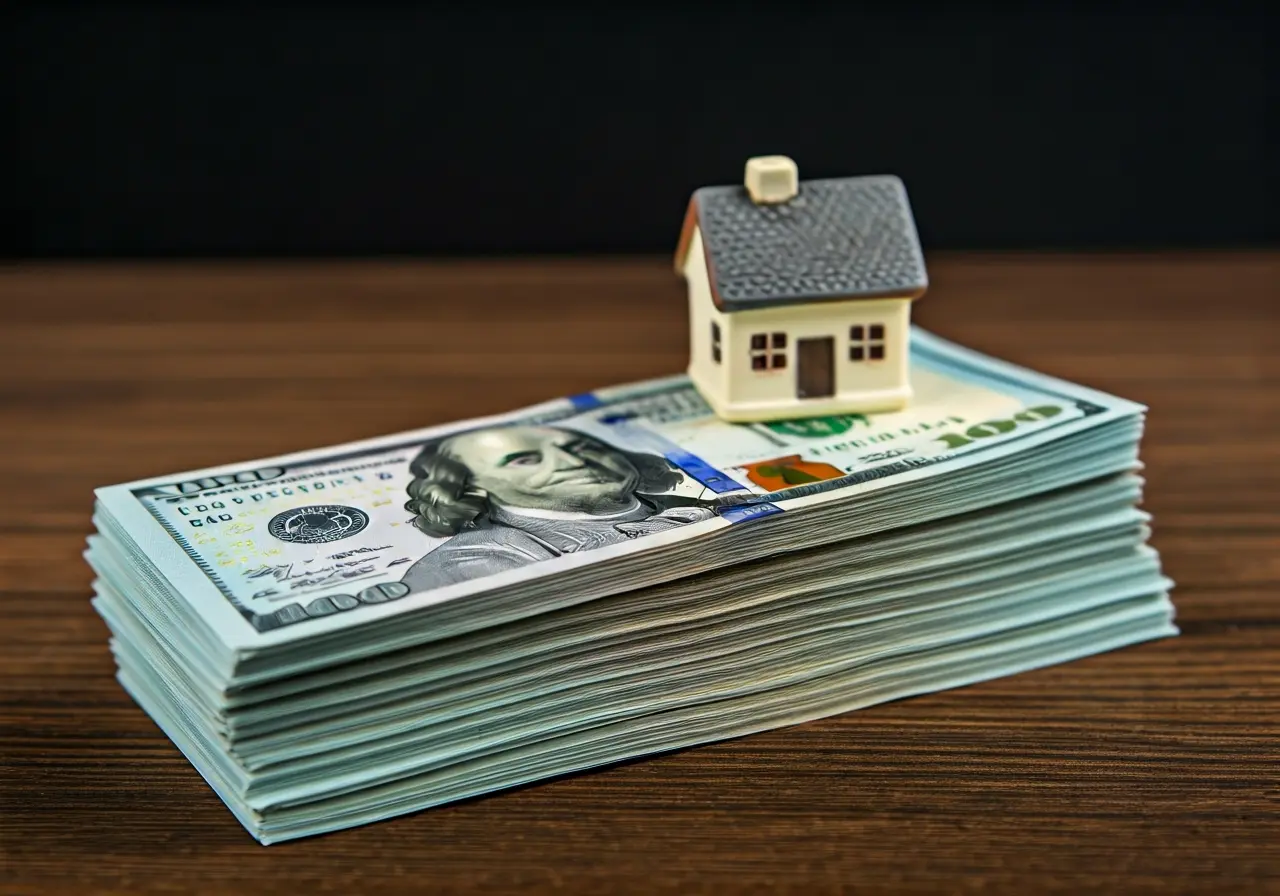 Stacks of cash next to a small house figurine. 35mm stock photo