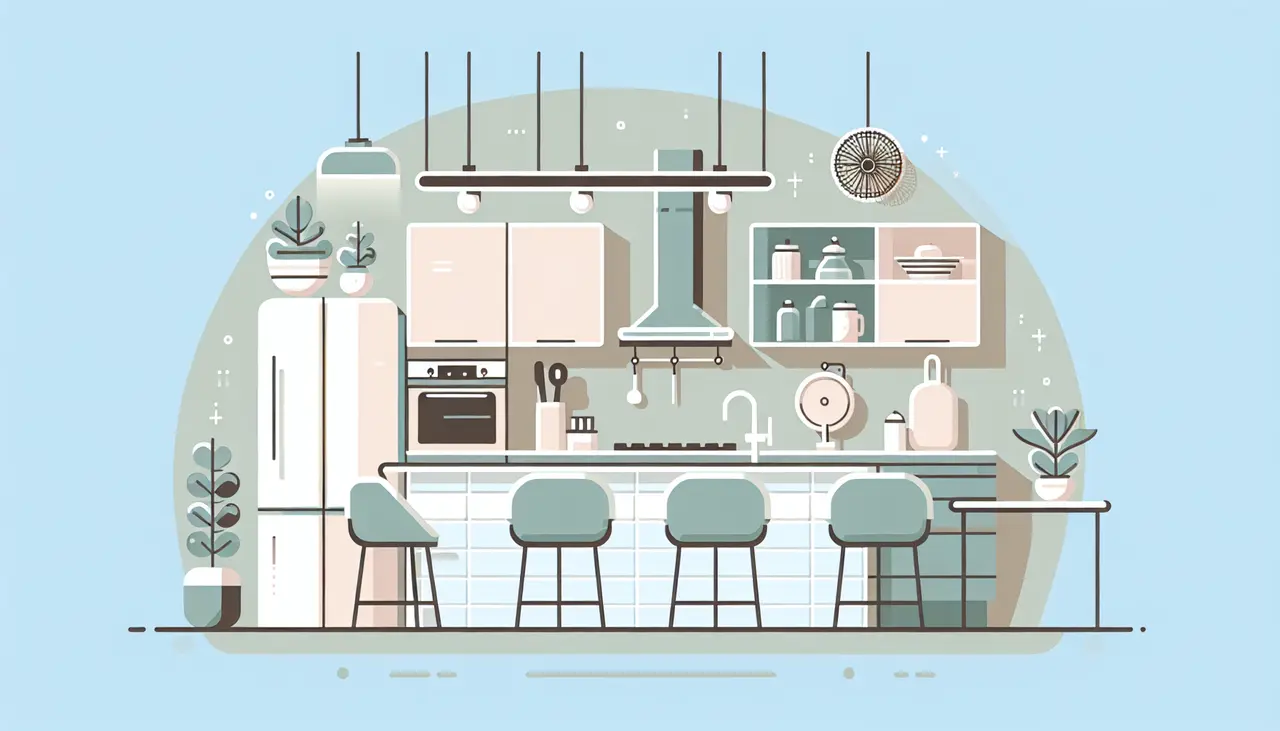 Draw a graphic in flat design style. Illustration of a modern kitchen with sleek cabinets, a central island, and a designer light fixture in soft pastel colors.