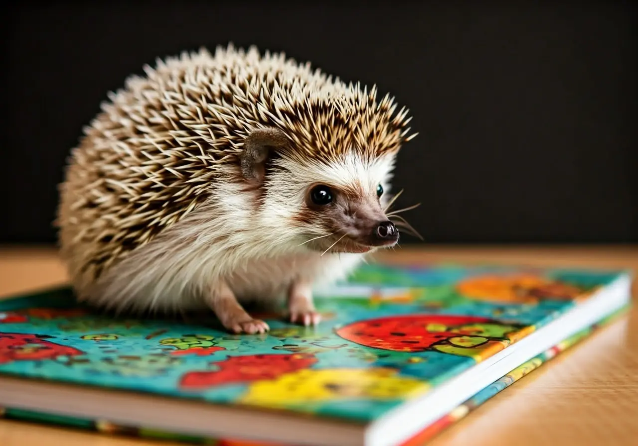 A curious hedgehog sitting on a colorful children’s book. 35mm stock photo