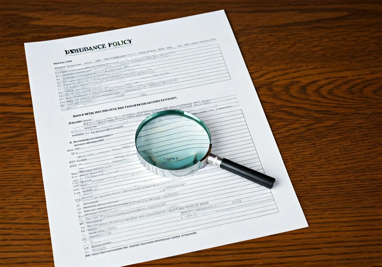 An insurance policy document with a magnifying glass beside it. 35mm stock photo