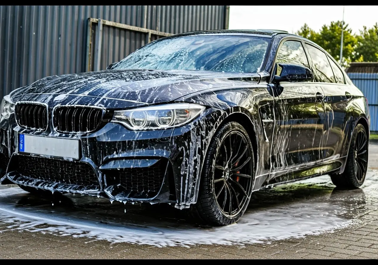 A shiny car being washed with soap and water. 35mm stock photo