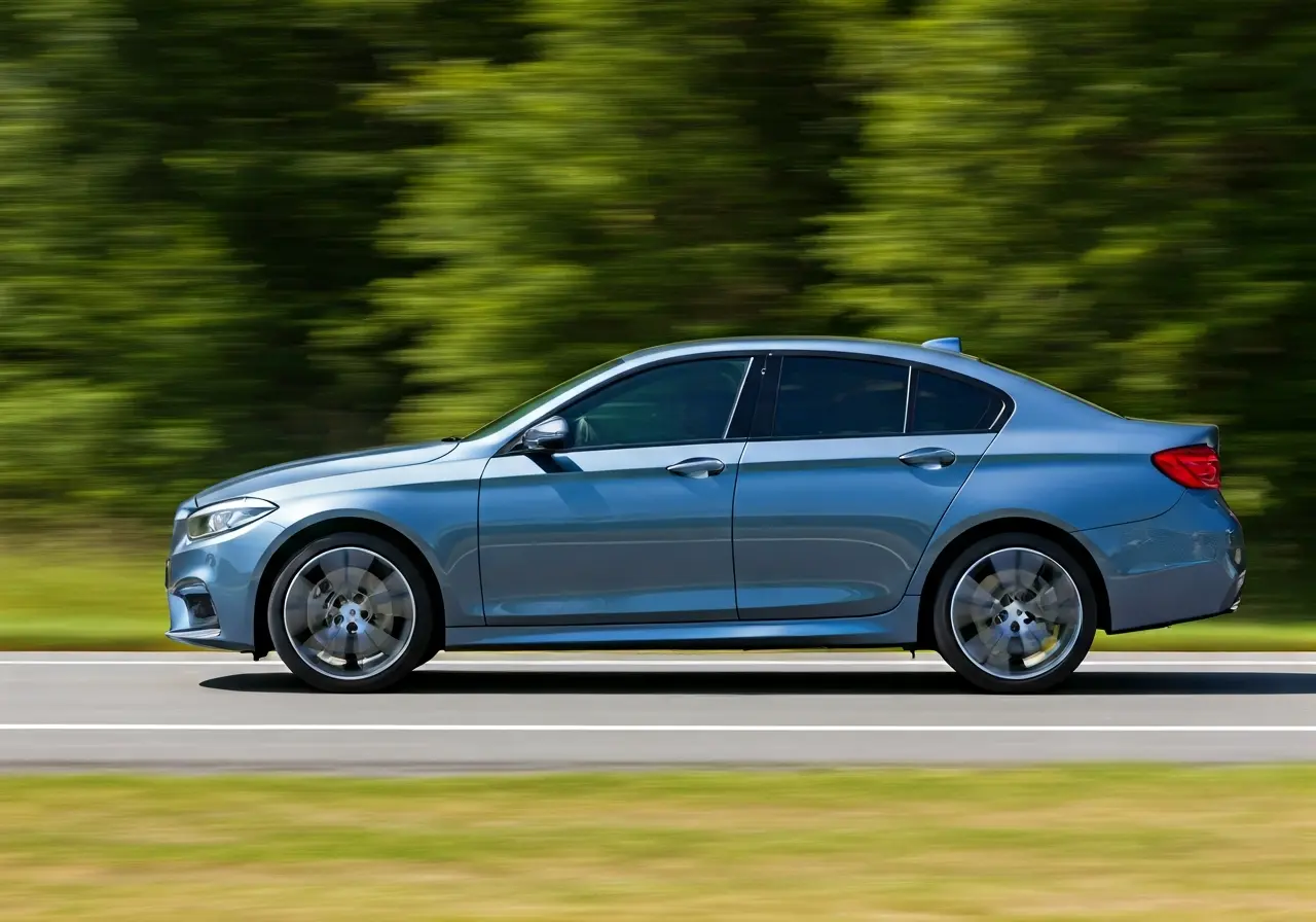 A car with tinted windows driving on a sunny road. 35mm stock photo