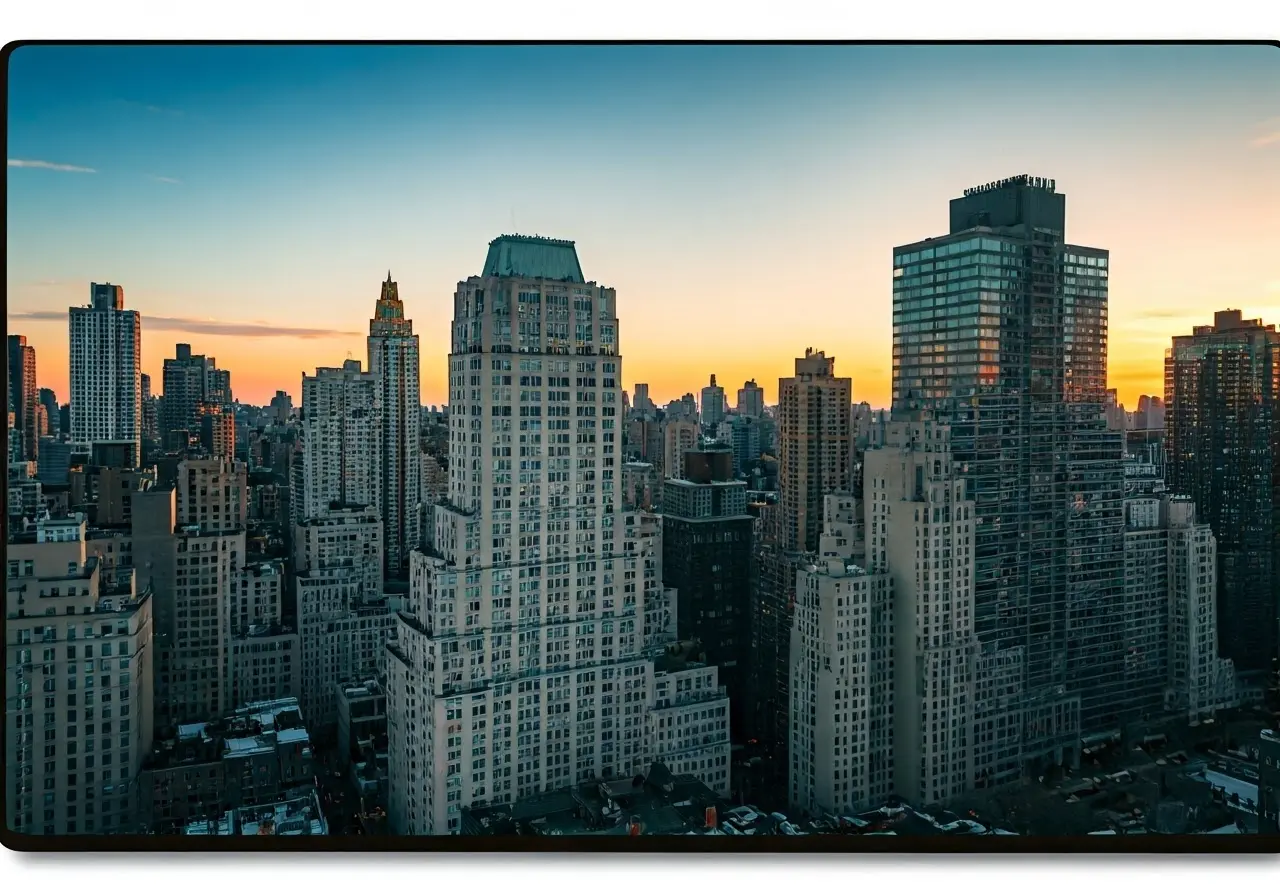 Aerial view of luxury Manhattan apartment buildings at sunset. 35mm stock photo