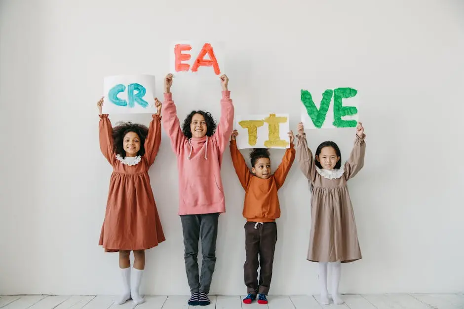 Diverse children joyfully hold colorful letters forming ‘CREATIVE’ indoors, embodying creativity and fun.