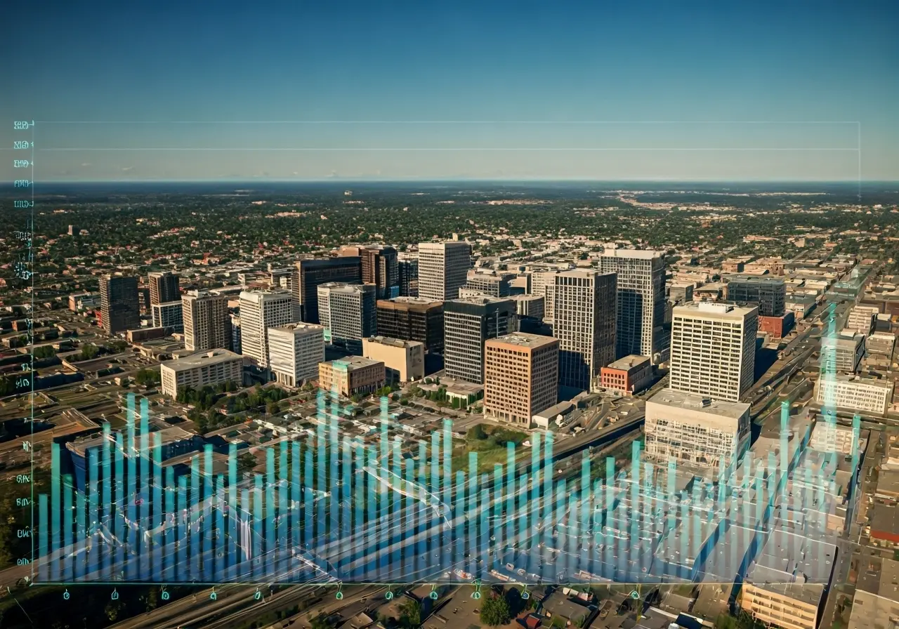 Aerial view of Spokane with overlay of financial charts. 35mm stock photo