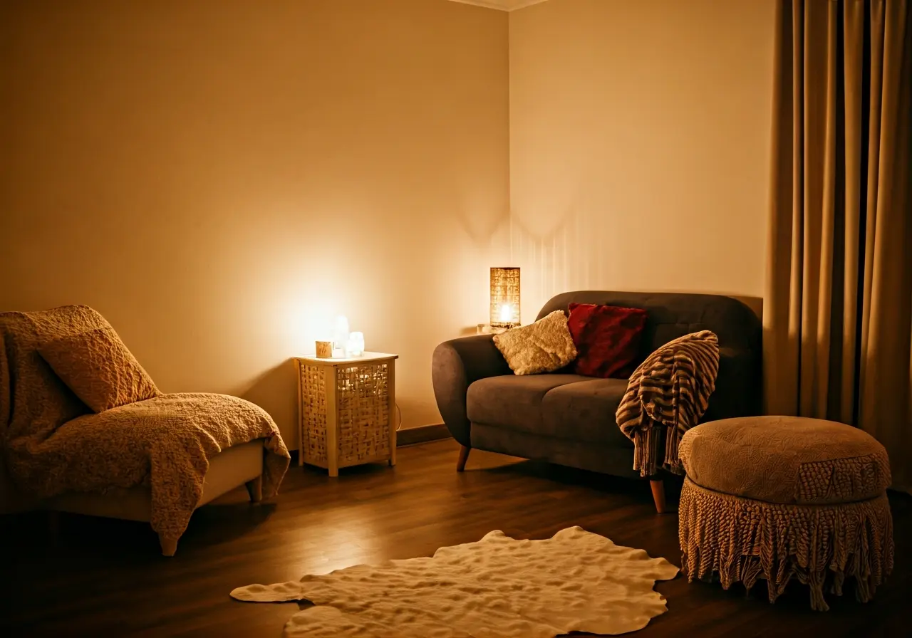 A serene therapy room with cozy furniture and soft lighting. 35mm stock photo