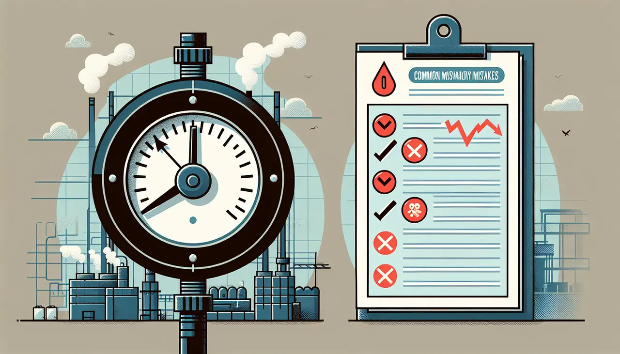 Draw a graphic in flat design style. A flat design image of a gauge with a fluctuating needle, next to a checklist with red symbols indicating common mistakes in managing vapor pressure differential, with a subtle background of factory equipment.