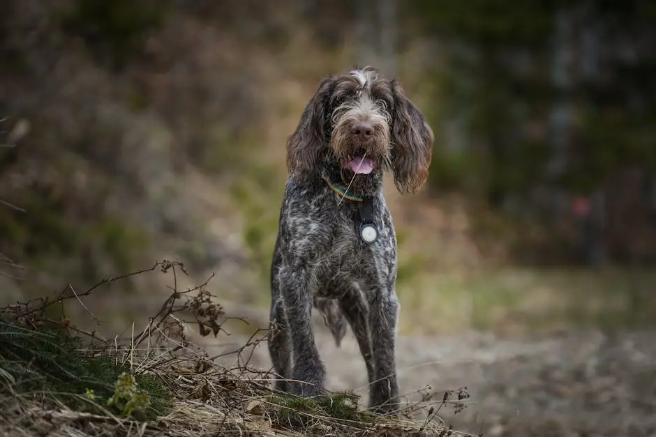 A Spinone Italiano dog standing outdoors, surrounded by nature during the day.