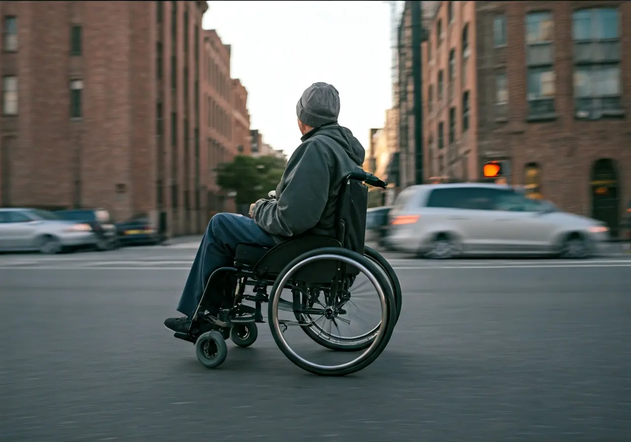 A wheelchair user navigating a busy urban street. 35mm stock photo