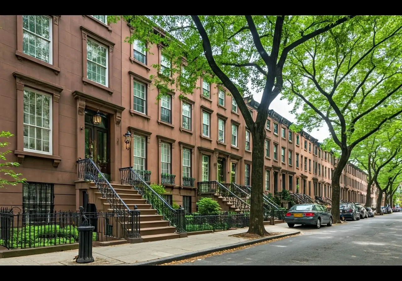 A row of historic brownstone townhouses on a tree-lined street. 35mm stock photo