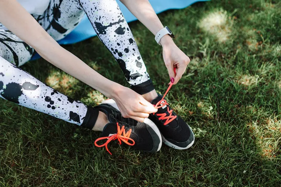 Close-up of a woman tying bright shoelaces on sneakers outdoors, preparing for exercise.