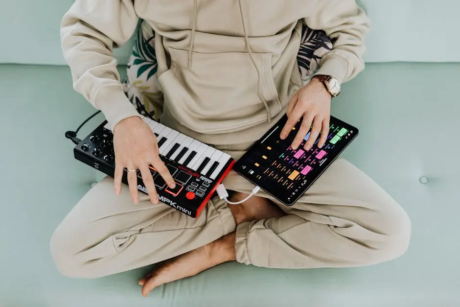 A young man in casual wear creating music indoors with a tablet and MIDI keyboard.