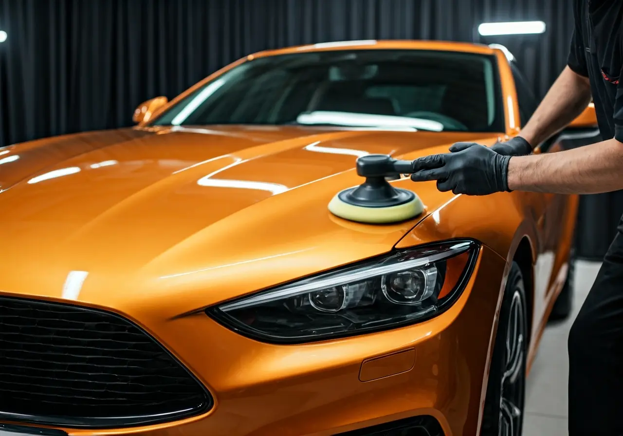 A shiny car being polished by a detailing professional. 35mm stock photo