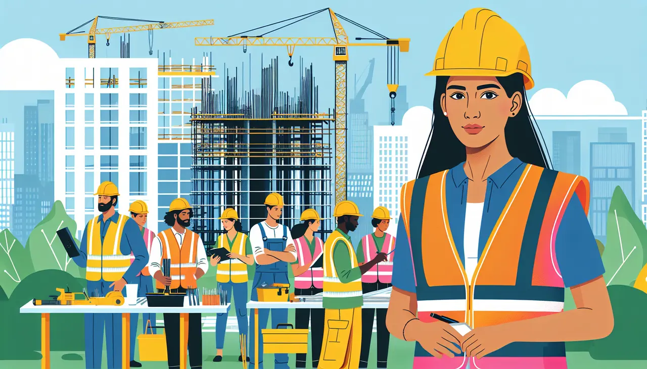 Draw a graphic in flat design style. A flat design illustration of a patrol guard in a safety vest monitoring a construction site with cranes, scaffolding, and workers wearing helmets in the background.