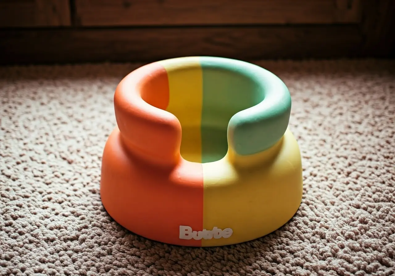 A colorful Bumbo seat on a soft, plush carpet. 35mm stock photo