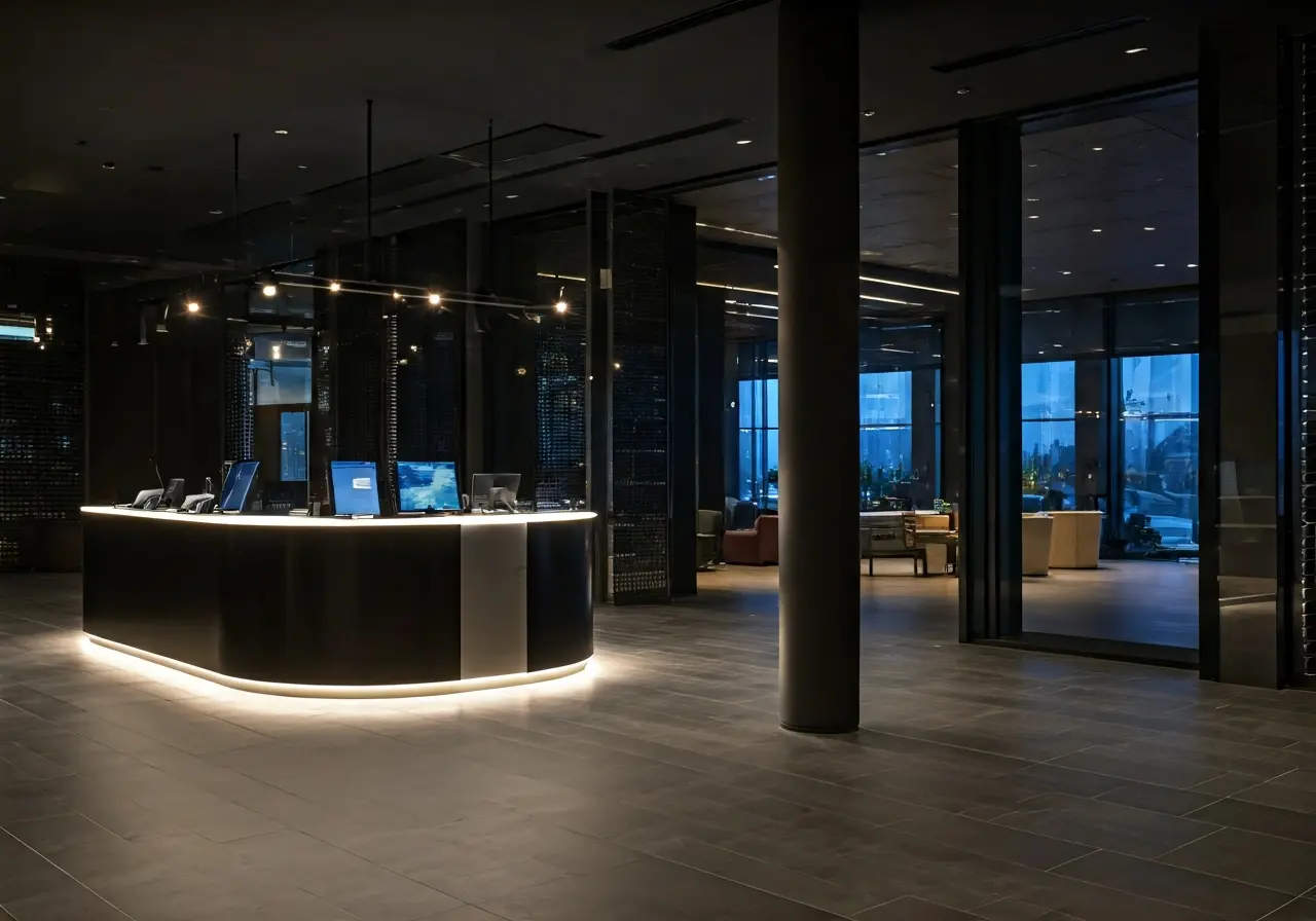 A sleek hotel lobby showcasing modern design and technology. 35mm stock photo