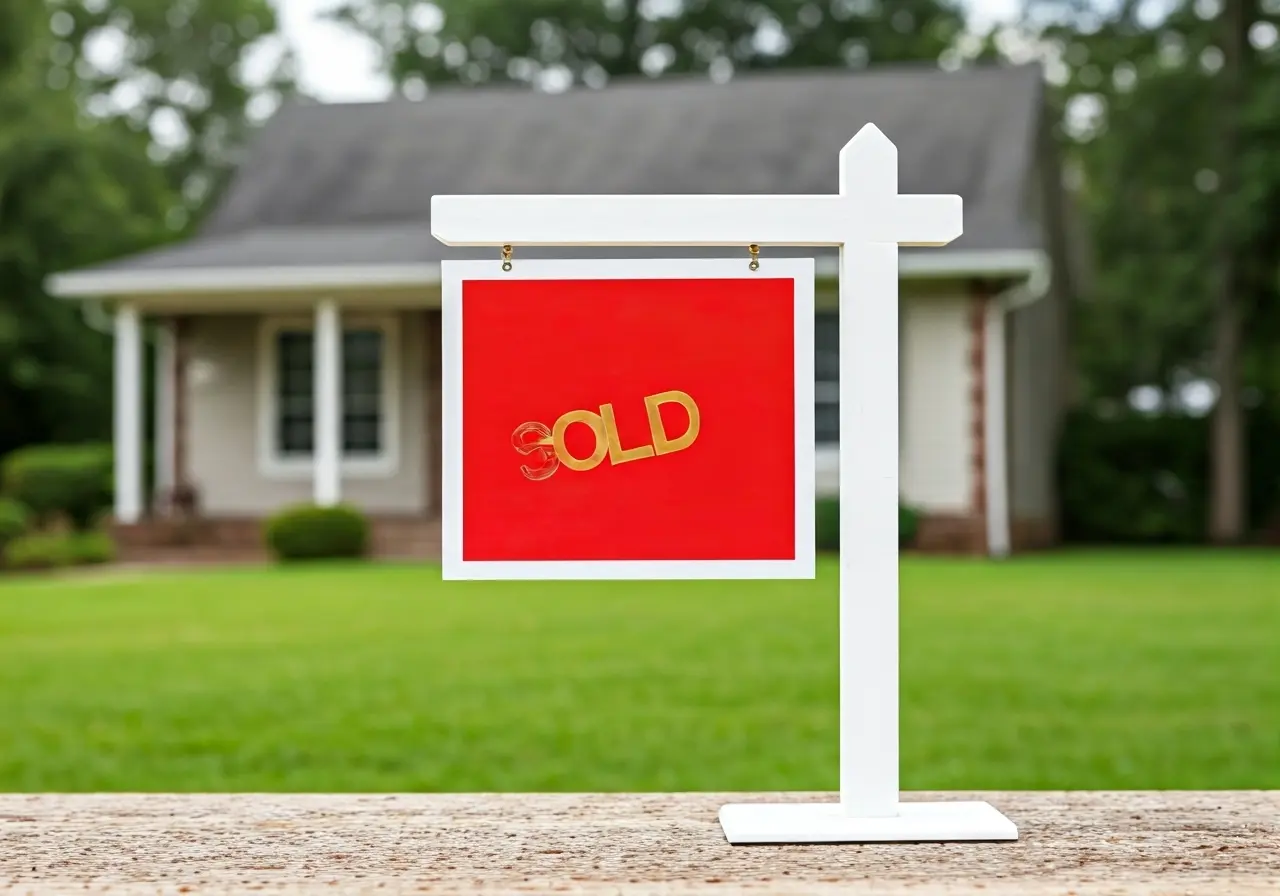 A small red SOLD sign in front of a house. 35mm stock photo